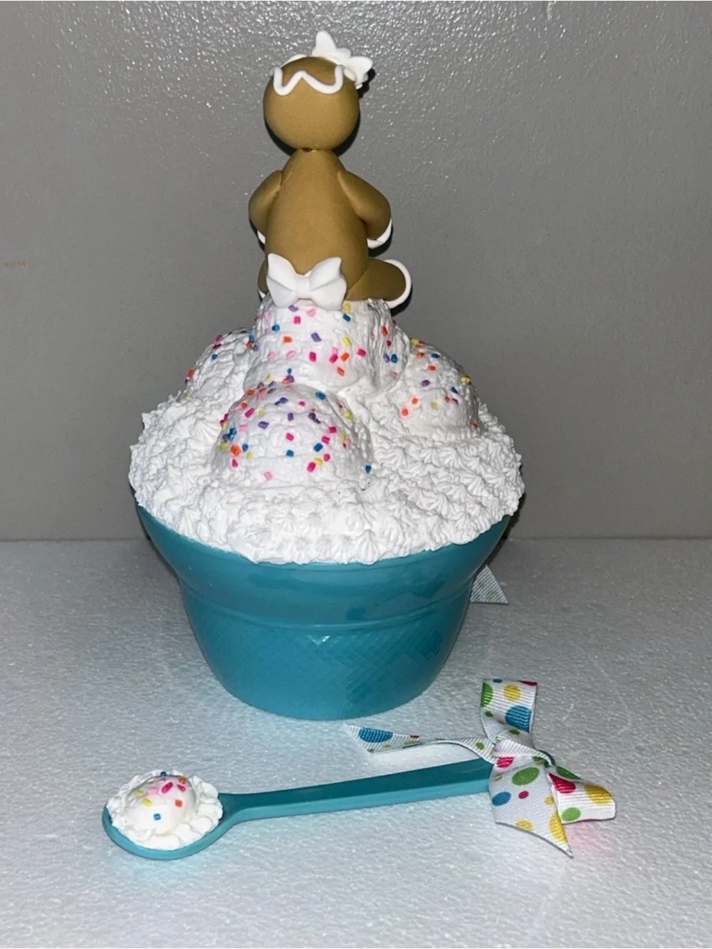 Fake Gingerbread Ice Cream Dessert Bowl  Display Handmade Teal